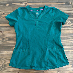 Women's Healing Hands Teal Scrub Top S Pink Trim V-Neck Medical Uniform